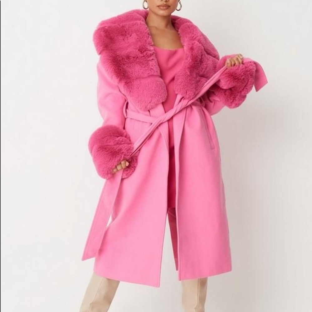 Missguided Pink Faux Fur Longline Belted Coat